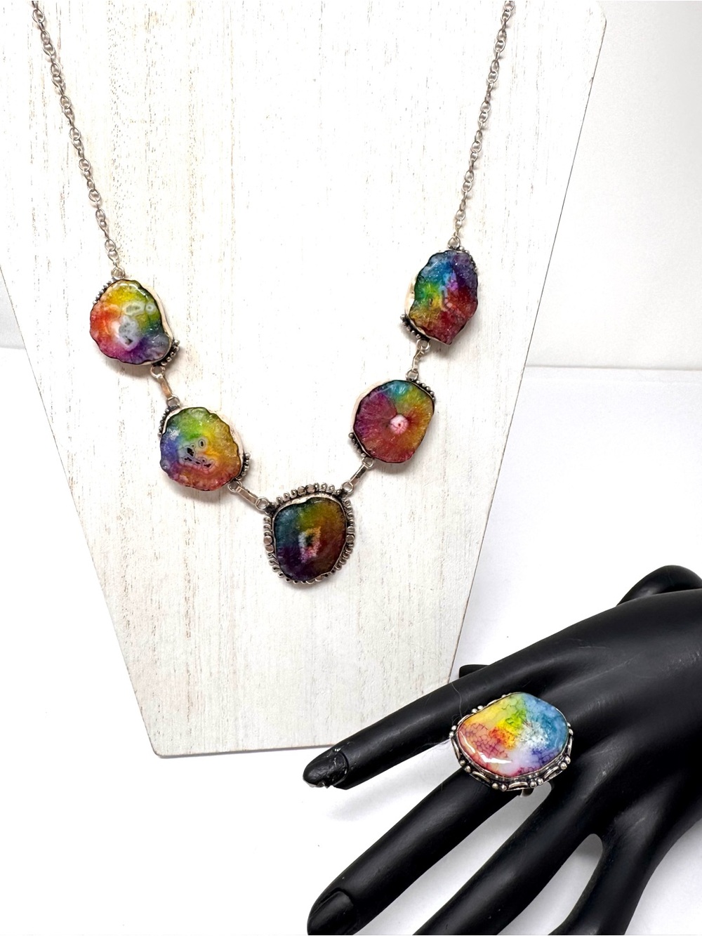 Sterling silver rainbow crystal quartz necklace and ring set